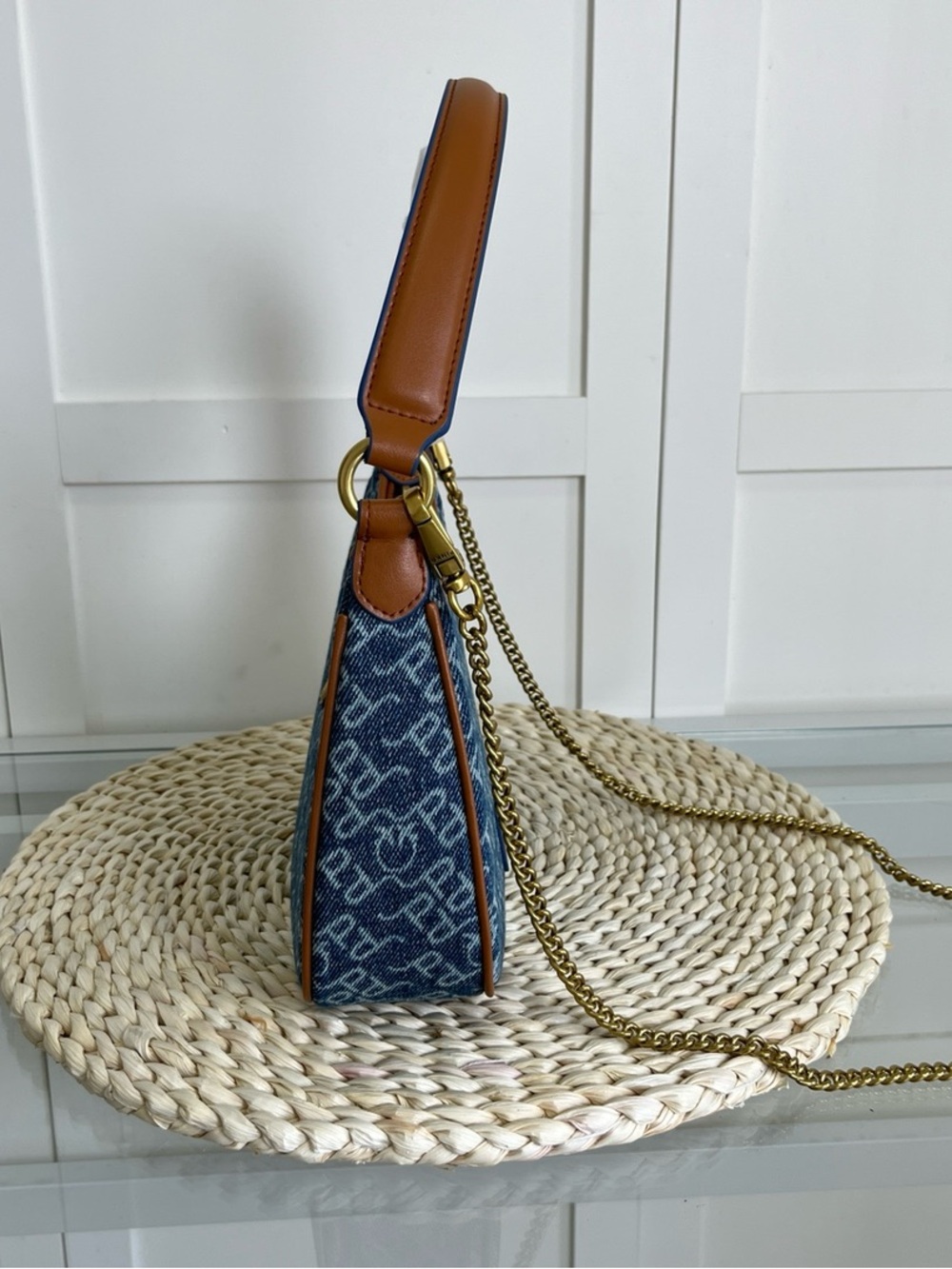 Pinko Blue Denim Logo Shoulder Bag with Brown Trim - Picture 8 of 9